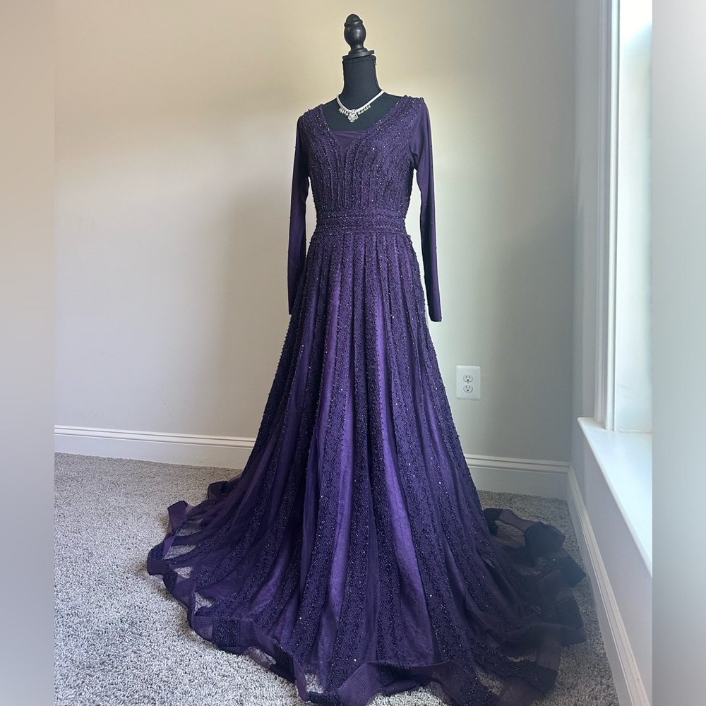 Purple Evening Gown long sleeve embellished